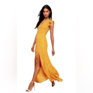 Lulus NWT Fresh Picked Mustard Yellow Floral Print Backless Maxi Dress XL